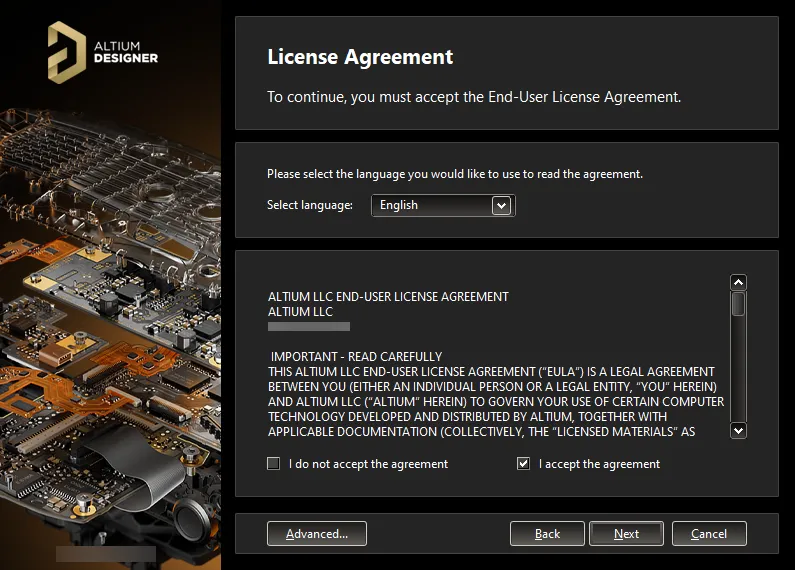 Read and accept Altium's End-User License Agreement.