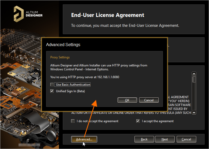 Specify the use of basic authentication using proxy settings and unified sign in as part of advanced options for the installation.