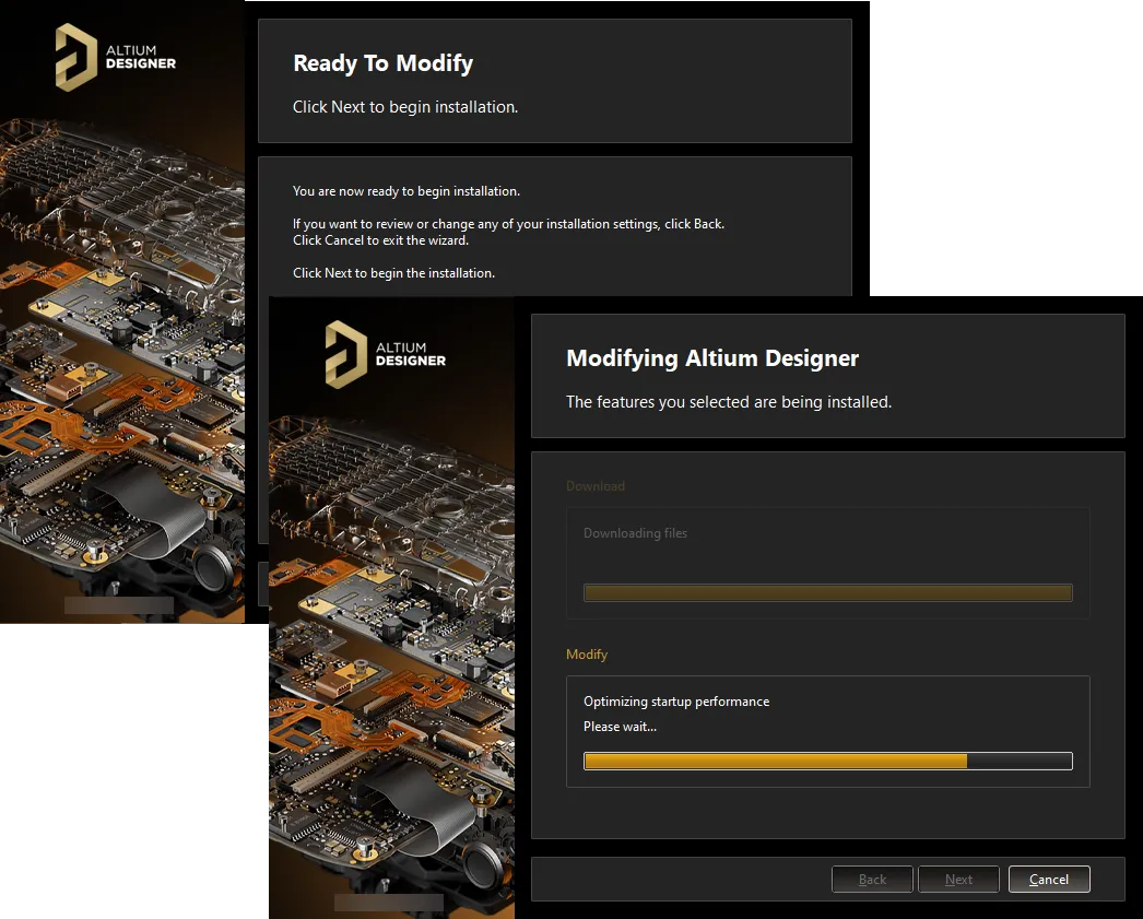 Modification of the installation proceeds by downloading the files required to implement desired changes to the software. Once downloaded, those files will be installed.