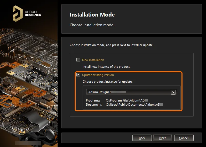 Choose to update an existing instance of Altium Designer during installation of a later version of the software.