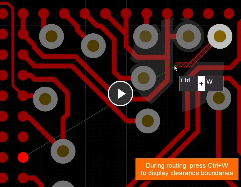 The clearance around existing workspace objects can be displayed dynamically as you route. Use the Ctrl+W shortcut to enable/disable during routing.