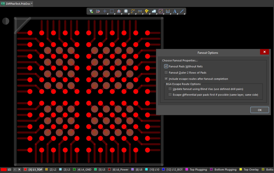 A fanned out BGA, the pads are shown solid and the fanout tracks and vias semi-transparent. The fanout is based on the settings in the dialog, in accordance with the Fanout Control constraint.
