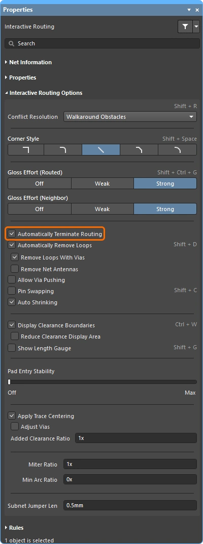 Interactive Routing Properties panel