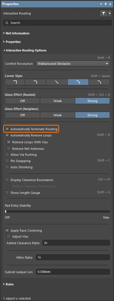 Interactive Routing Properties panel
