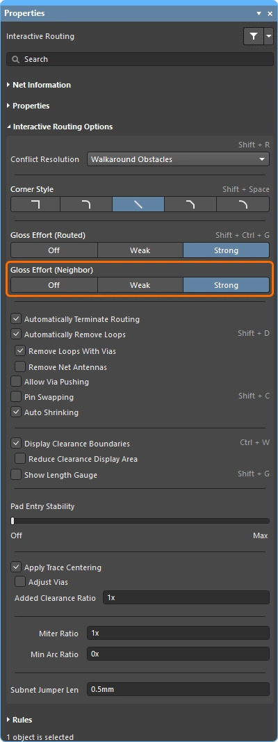 Interactive Routing Properties panel