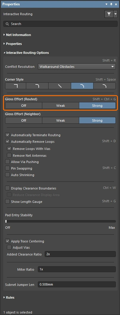 Interactive Routing Properties panel