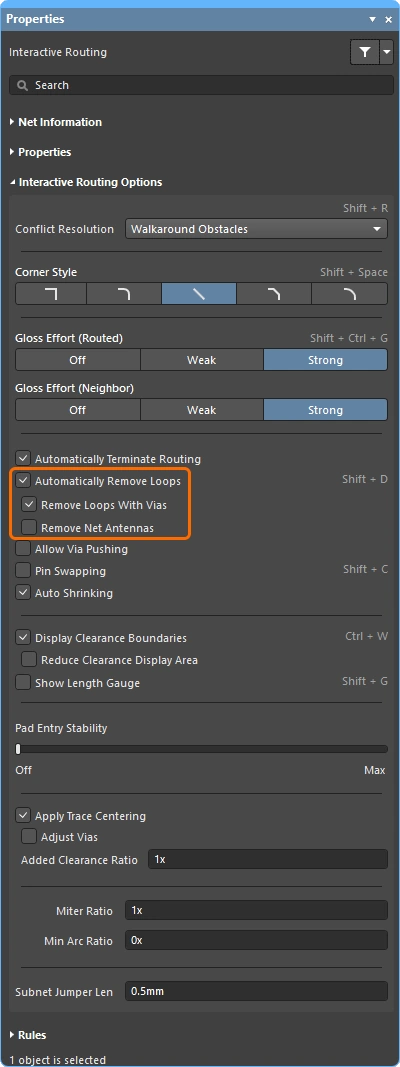 Interactive Routing Properties panel
