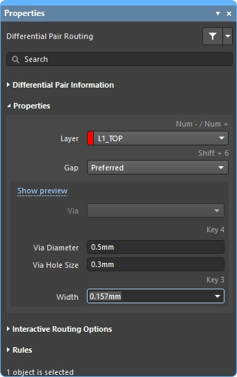 Interactive Routing Properties panel