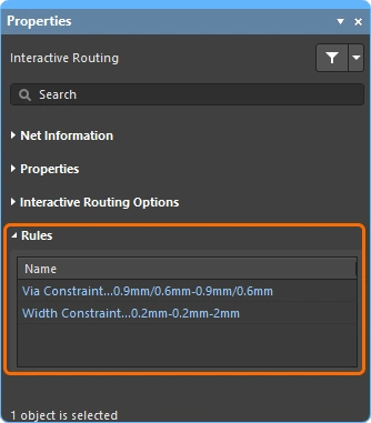 Interactive Routing Properties panel