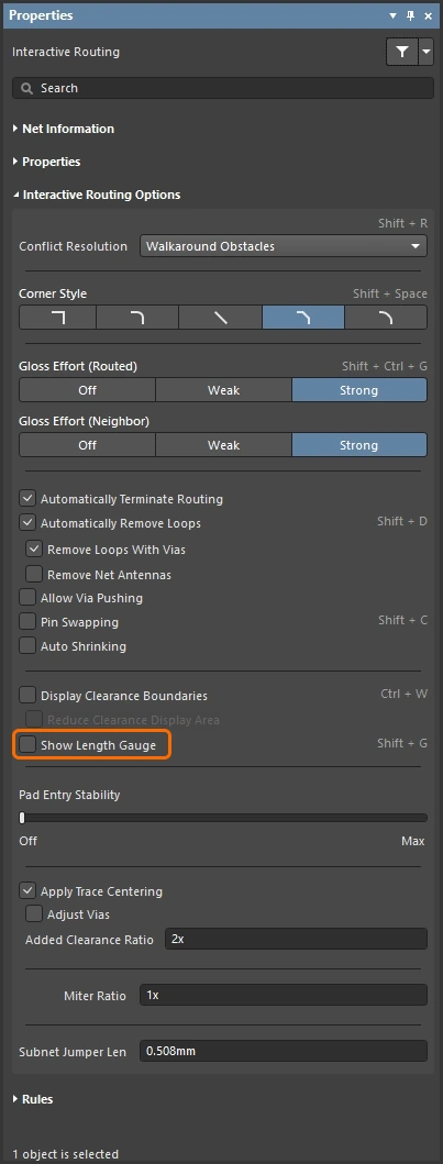 Interactive Routing Properties panel