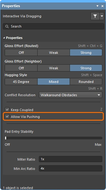 Interactive Via Dragging Properties panel