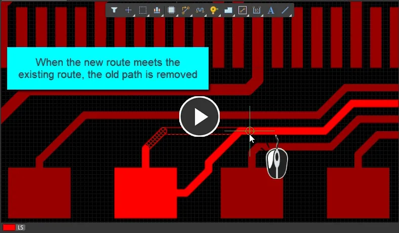 To re-route, simply route the new path. When the new route comes back to meet the existing route, a loop is created. Altium Designer will automatically remove this if Loop Removal is enabled.