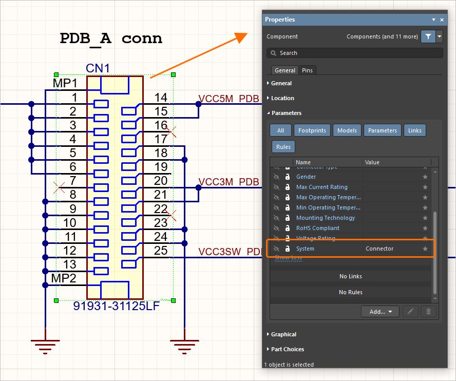 The presence of the parameter named System, with a value of Connector, links this PCB connector to the multi-board schematic.