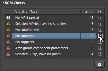 Click to filter out all BOM Items except those that fail this BOM check. Click the Gear icon to configure the BOM Checks.