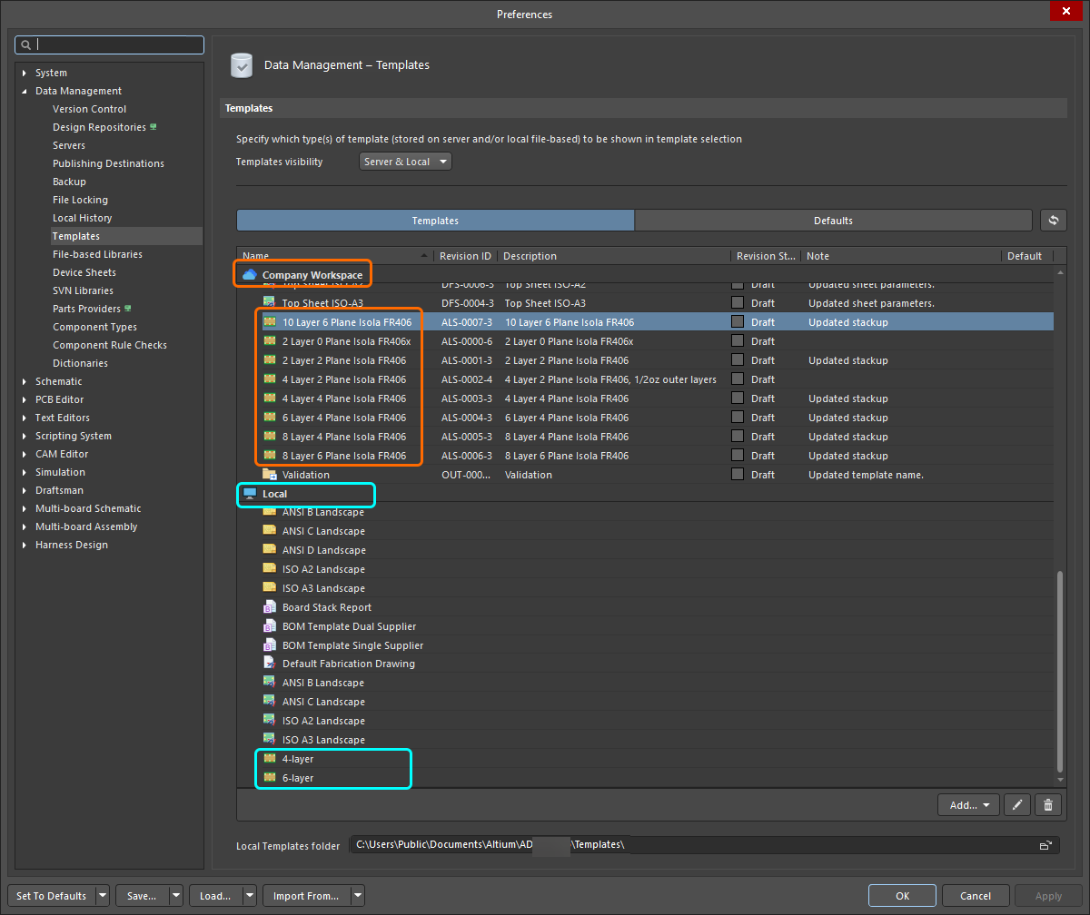 Stackup templates can be stored and managed in your Workspace, or as local files.