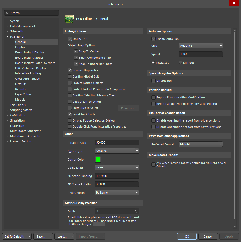 The PCB Editor – General page of the Preferences dialog The PCB Editor – General page of the Preferences dialog
