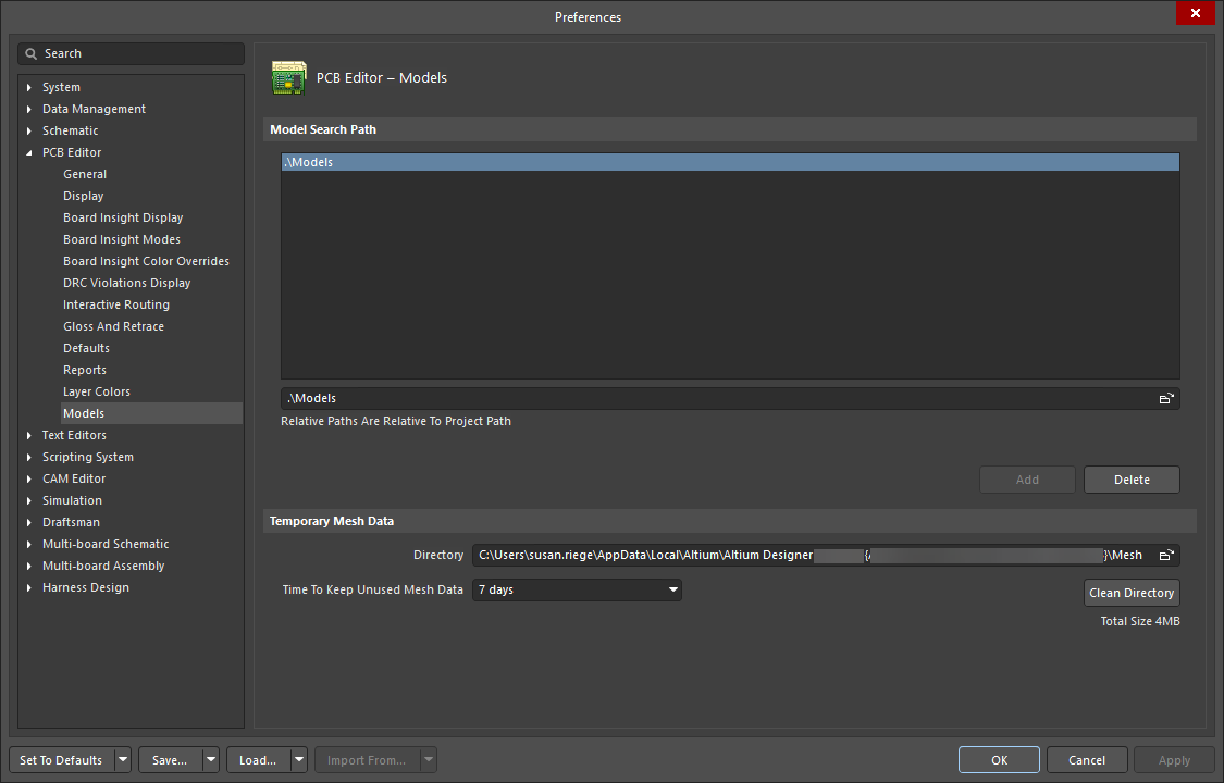 The PCB Editor – Models page of the Preferences dialog The PCB Editor – Models page of the Preferences dialog