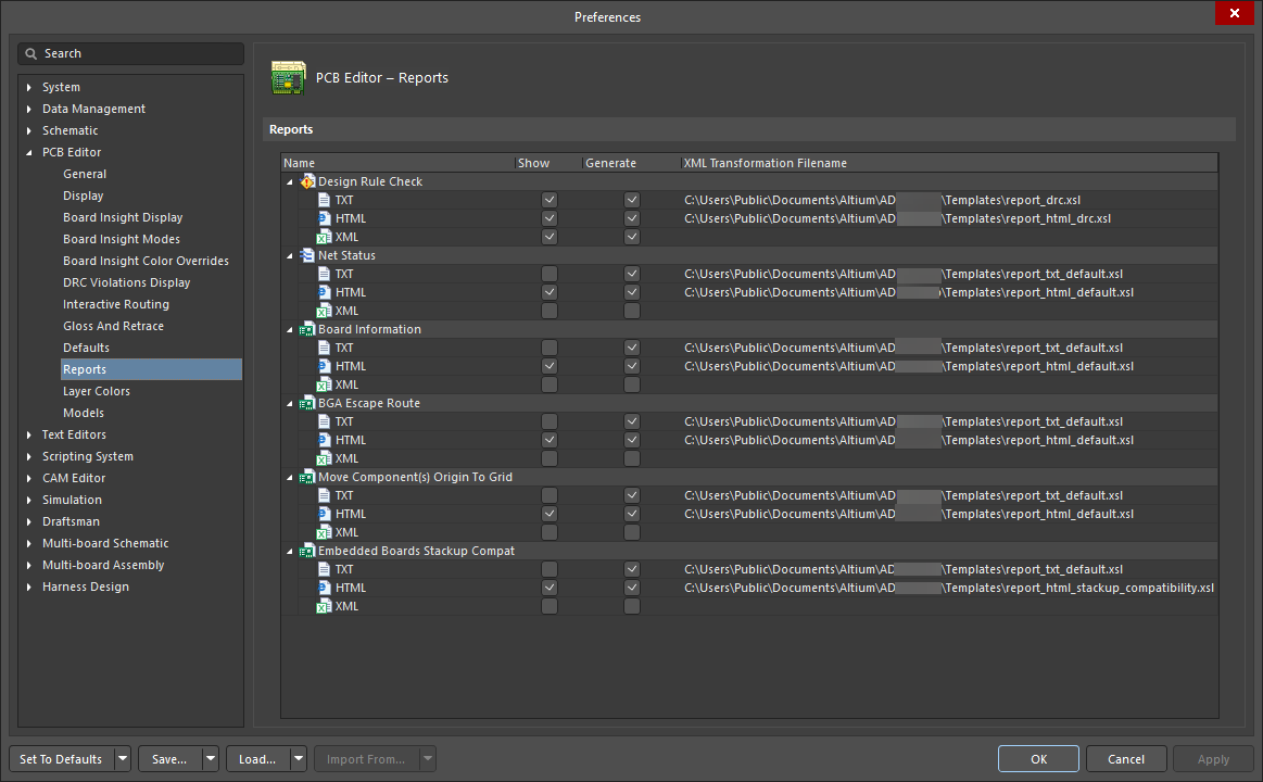 The PCB Editor – Reports page of the Preferences dialog The PCB Editor – Reports page of the Preferences dialog