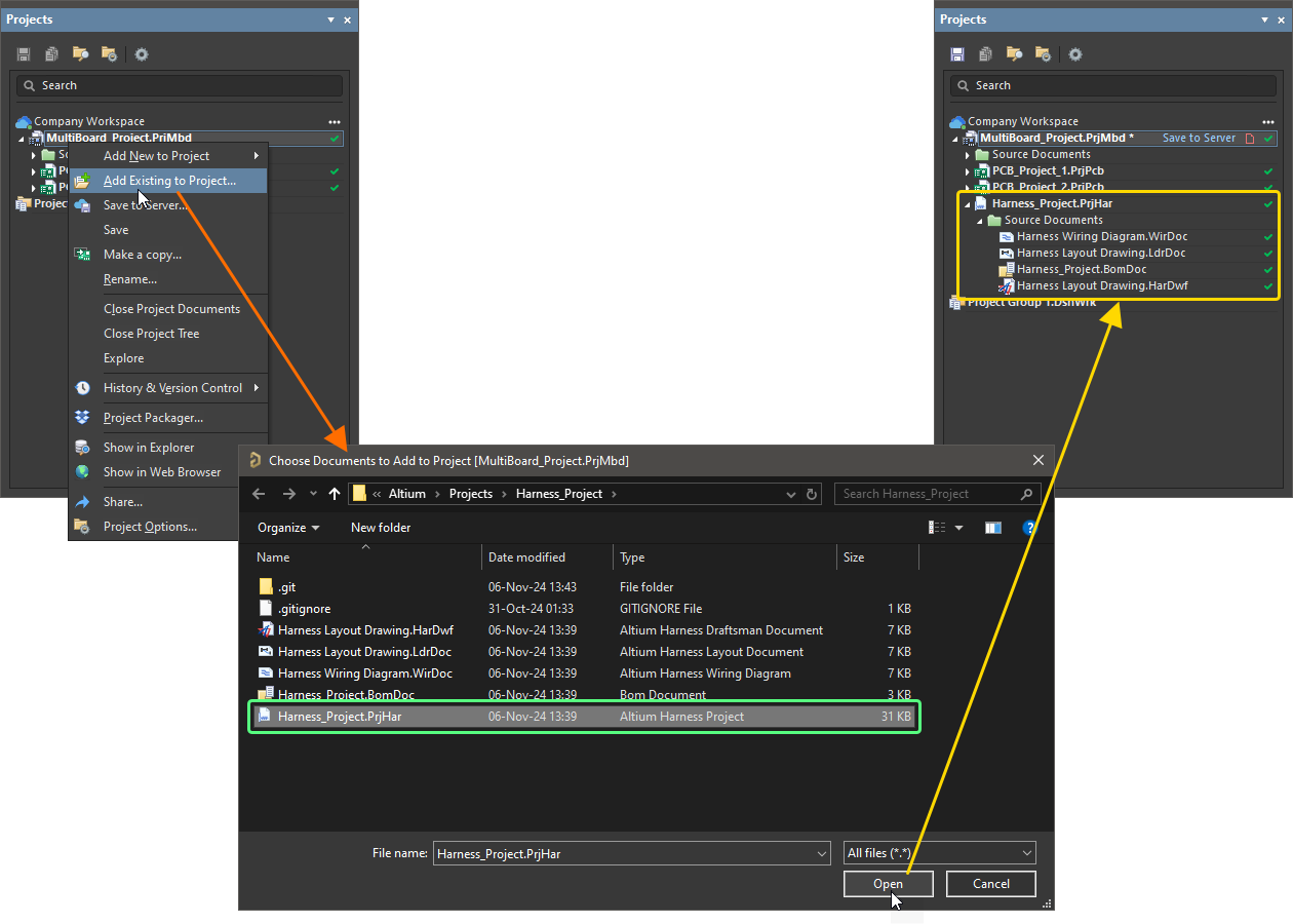 Add a created harness project to the related multi-board project.