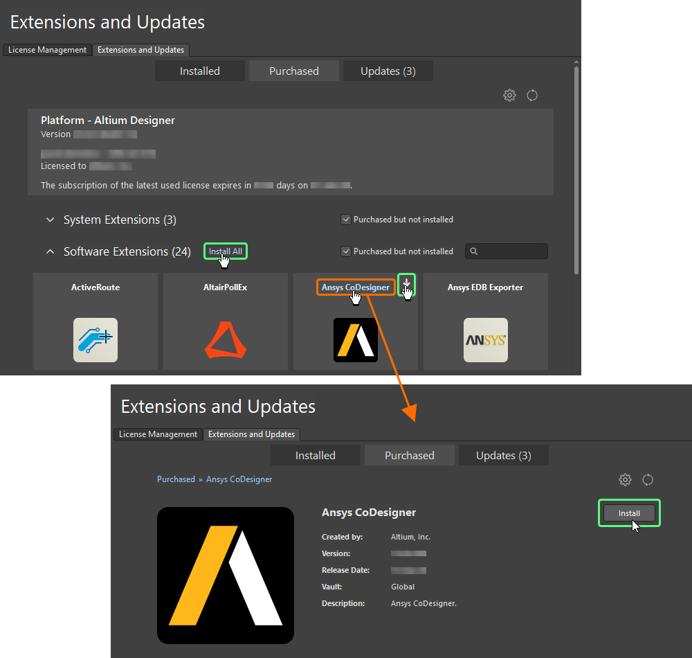 Install an extension from the Extensions and Updates view.