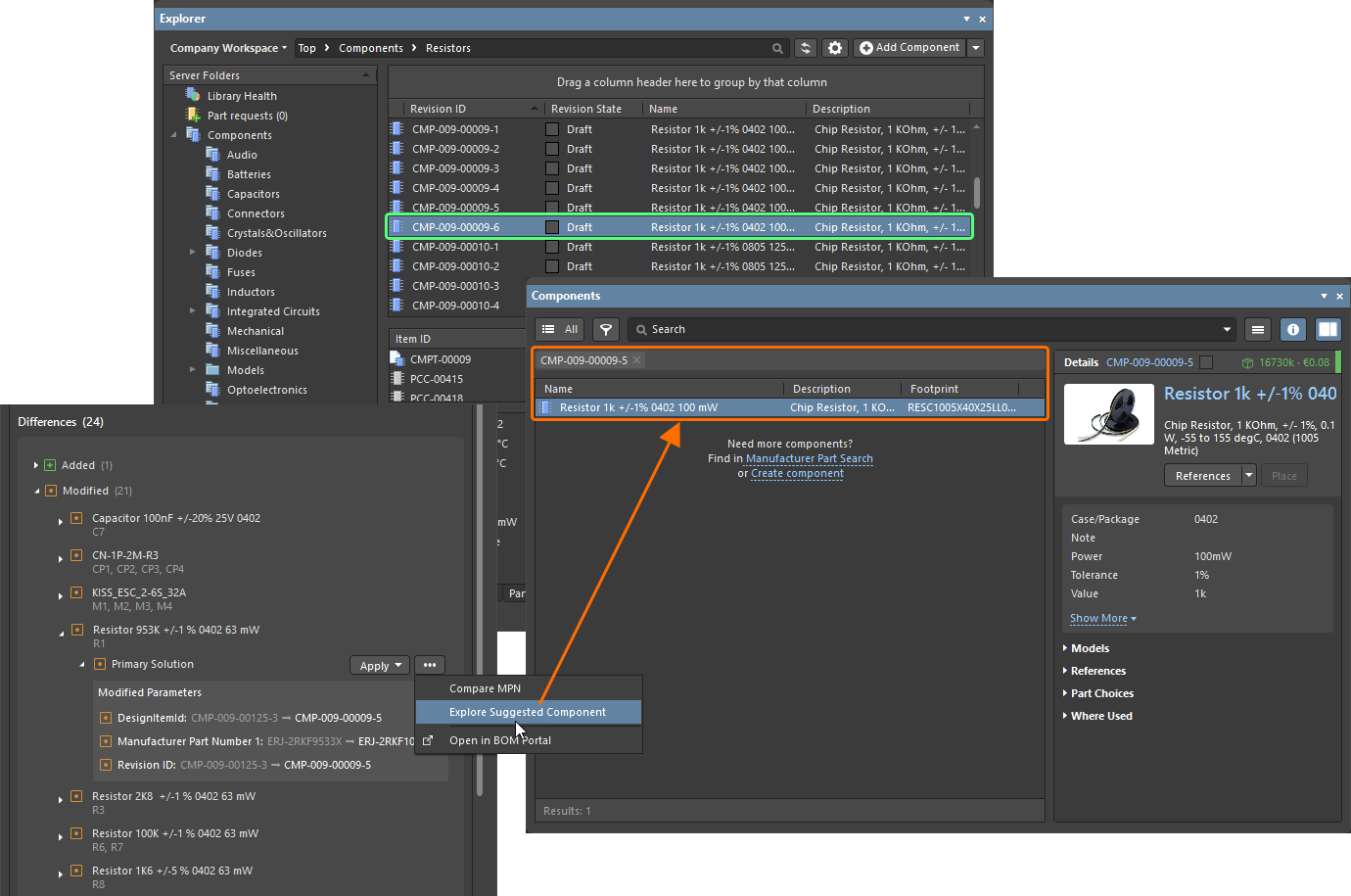 While the suggested component revision CMP-009-00009-5 is not the latest (revision CMP-009-00009-6 of the same component exists in the library),&nbsp;the Explore Suggested Component command now opens the suggested revision in the Components panel.