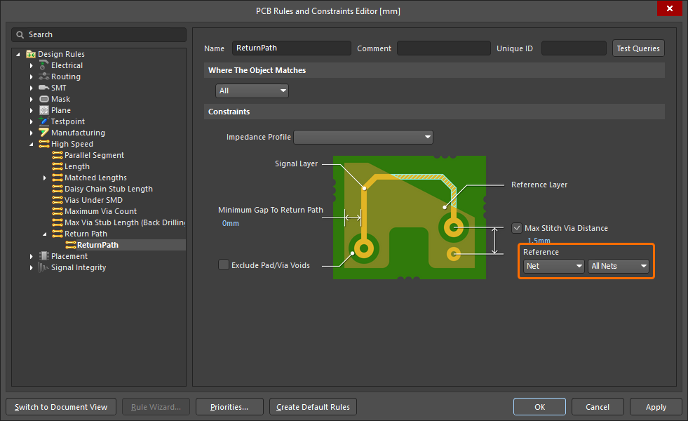 Determining the Reference in the PCB Rules and Constraints Editor dialog
