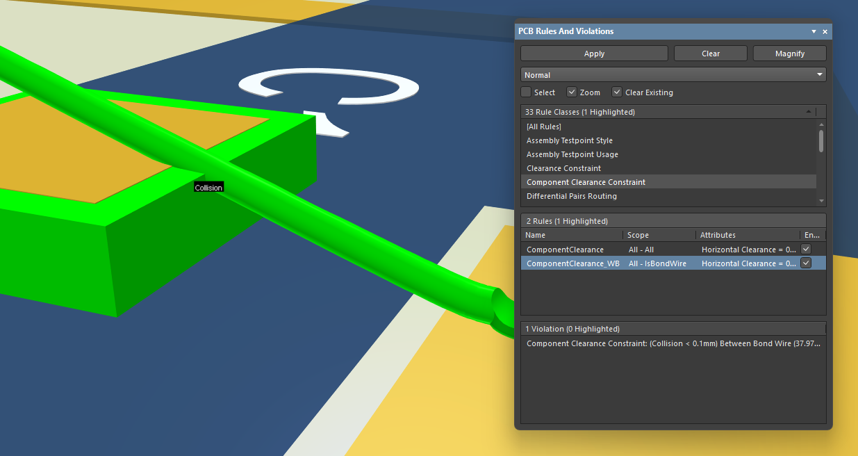 An example of a collision detected between a bond wire and a 3D body.