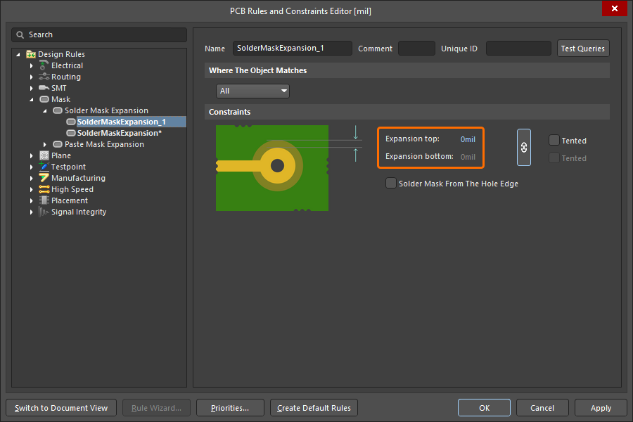 A newly created Solder Mask Expansion design rule in the PCB Rules and Constraints Editor dialog. A newly created Solder Mask Expansion design rule in the PCB Rules and Constraints Editor dialog.