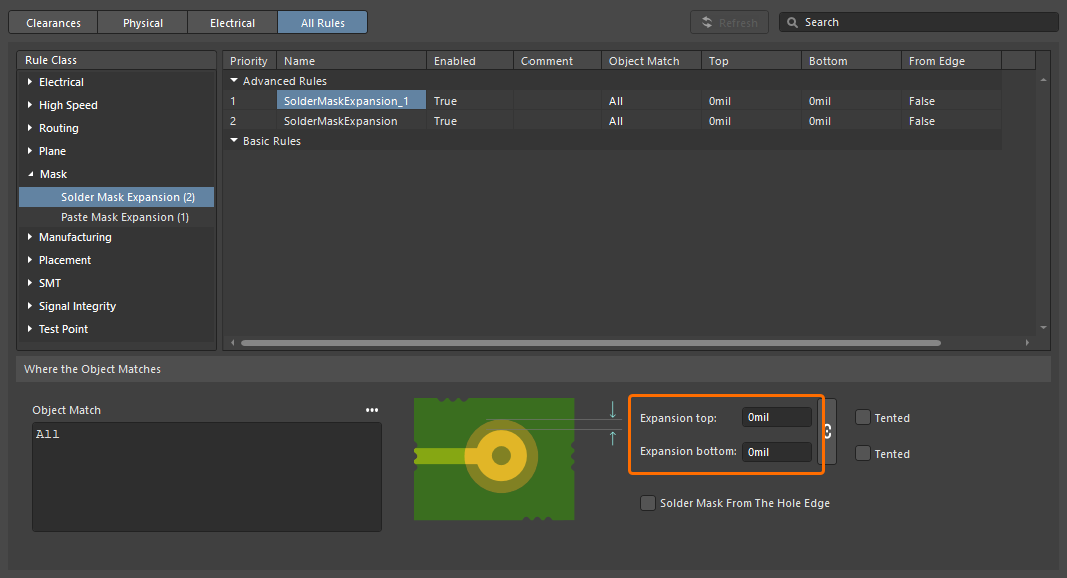 A newly created Solder Mask Expansion design rule in the Constraint Manager. A newly created Solder Mask Expansion design rule in the Constraint Manager.