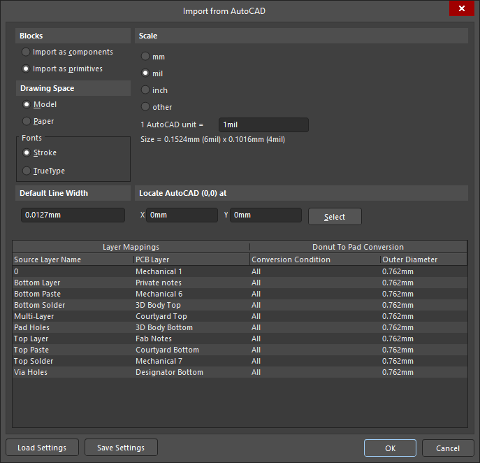 The Import from AutoCAD dialog (PCB or PCB footprint)