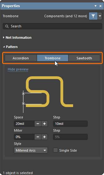Press Tab after launching the Interactive Length Tuning command to select the pattern. Press Tab after launching the Interactive Length Tuning command to select the pattern.