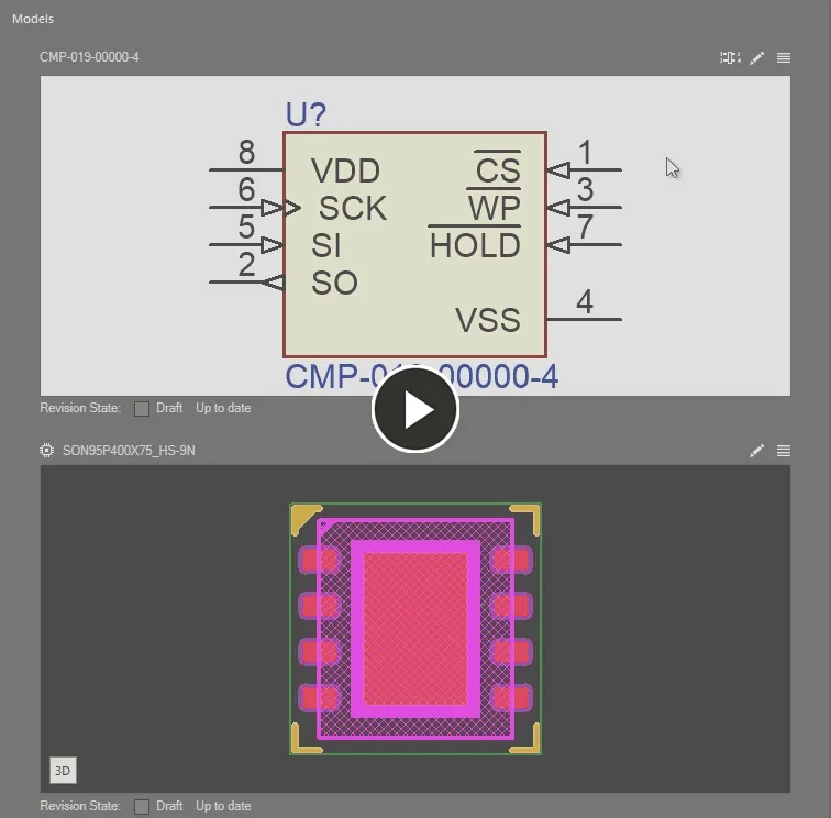 Cross-probe highlighting between symbol pins and 2D footprint model pads for a component being edited.