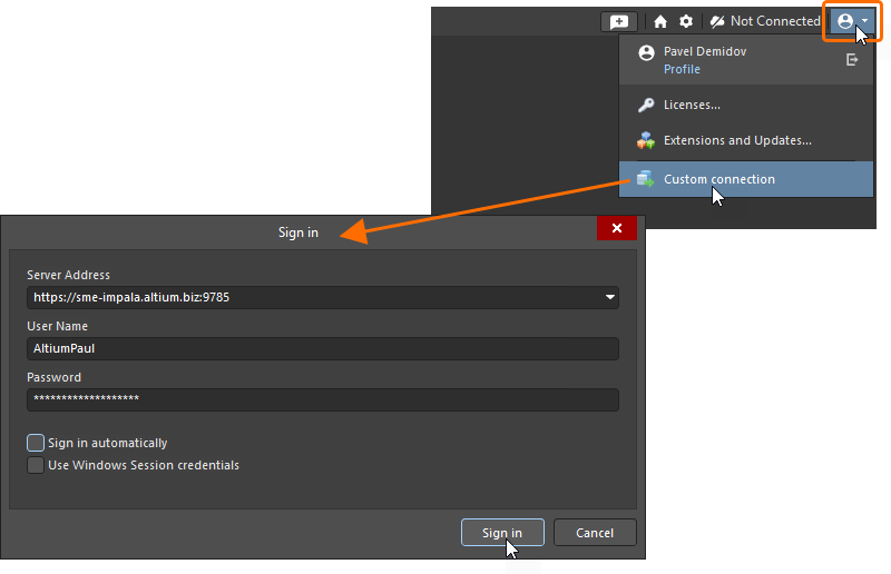Connecting to your Enterprise Server Workspace from within Altium Designer Agile.