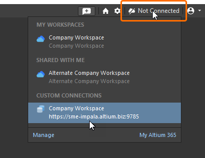 Connecting to your Enterprise Server Workspace from within Altium Designer Agile, when that Workspace is already known.