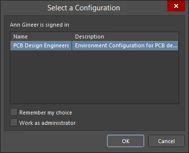 If multiple environment configurations apply to a user, that user will be presented with the choice at the time of connecting to the Workspace, through the Select a configuration dialog If multiple environment configurations apply to a user, that user will be presented with the choice at the time of connecting to the Workspace, through the Select a configuration dialog