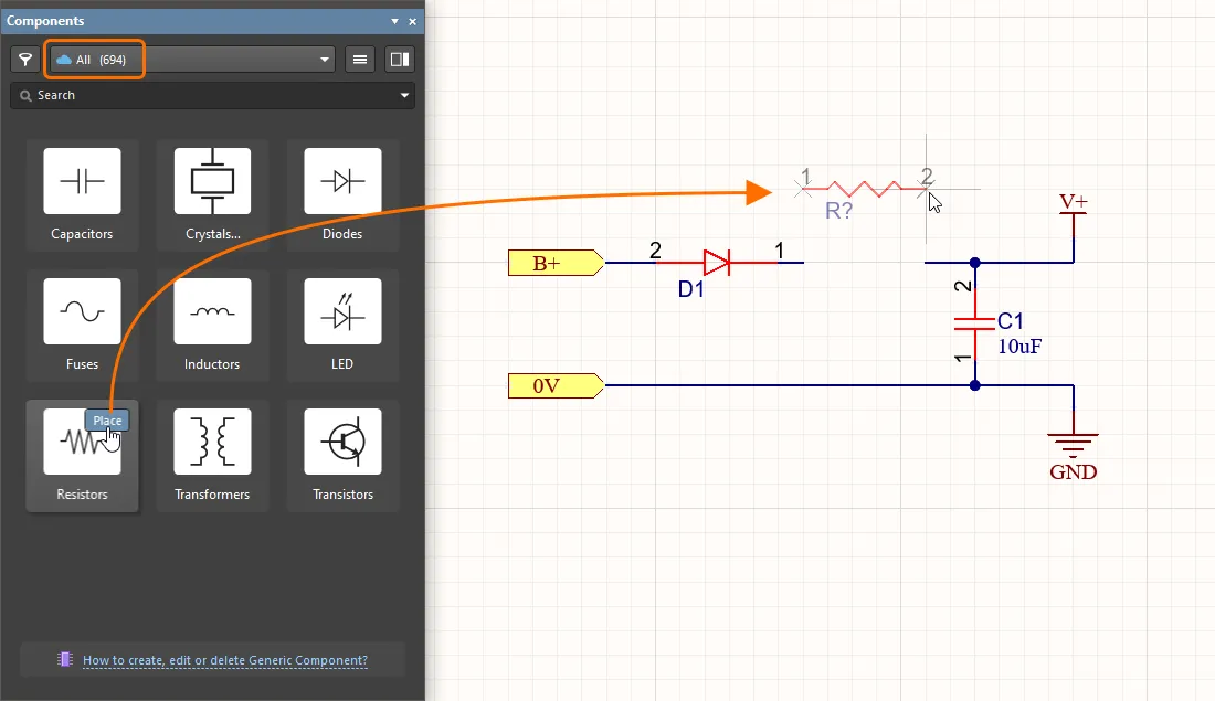 Placing a generic component from the Components panel Placing a generic component from the Components panel