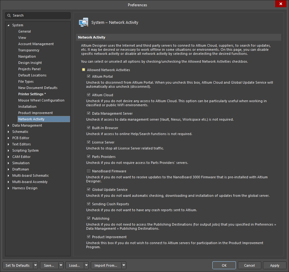 Страница System – Network Activity диалогового окна Preferences