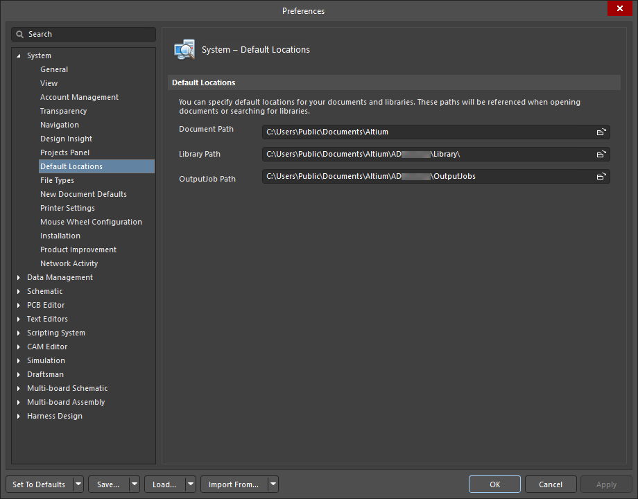 The System – Default Locations page of the Preferences dialog The System – Default Locations page of the Preferences dialog