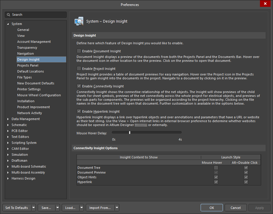 The System – Design Insight page of the Preferences dialog The System – Design Insight page of the Preferences dialog