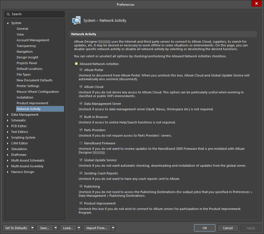 The System – Network Activity page of the Preferences dialog The System – Network Activity page of the Preferences dialog