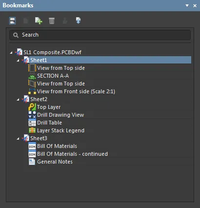 Use the Bookmarks panel to navigate through the Views on a multi-sheet Draftsman document. Use the Bookmarks panel to navigate through the Views on a multi-sheet Draftsman document.