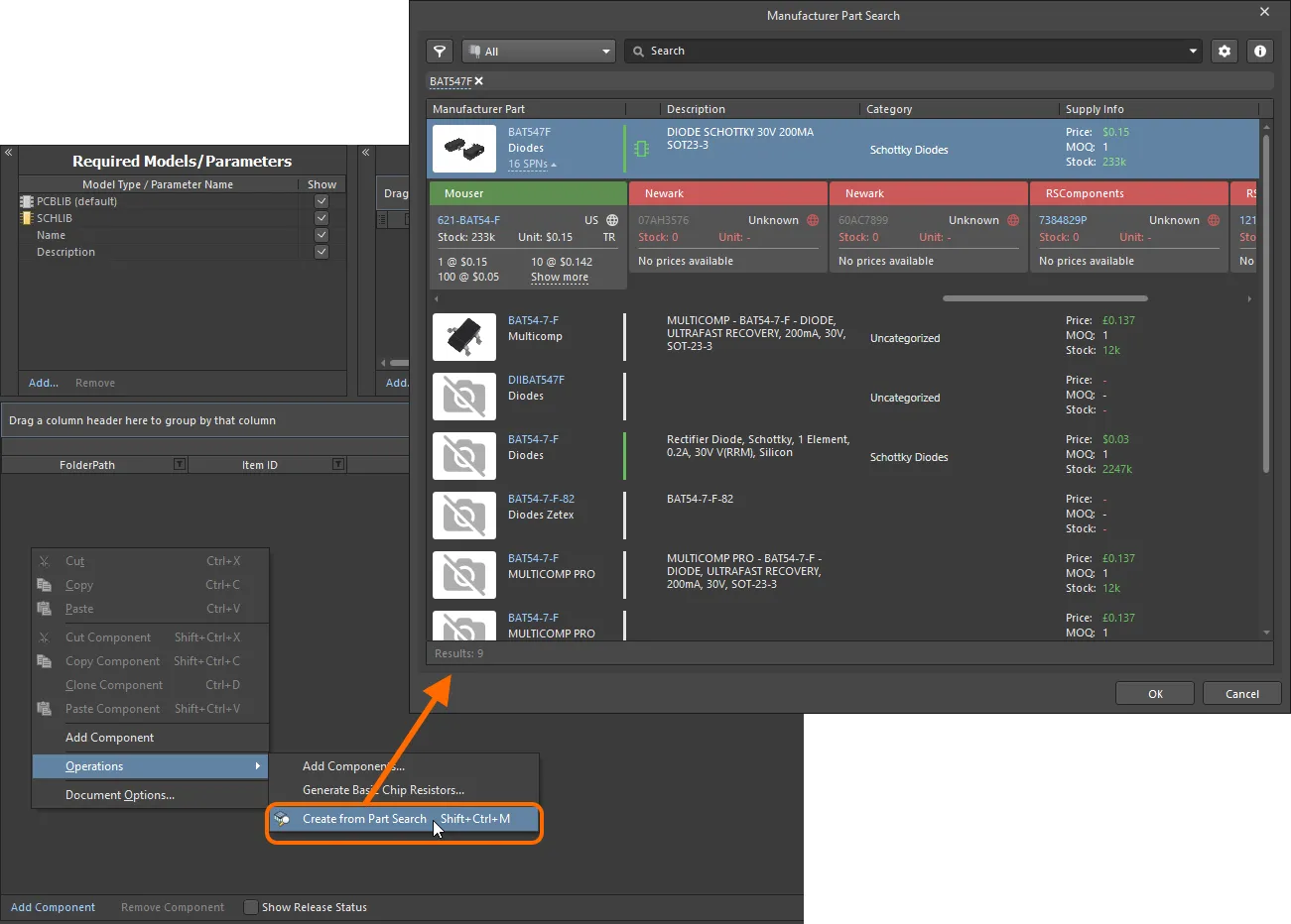 Access the Manufacturer Part Search dialog, and search for a part you'd like to bring in to the Component Editor. Access the Manufacturer Part Search dialog, and search for a part you'd like to bring in to the Component Editor.