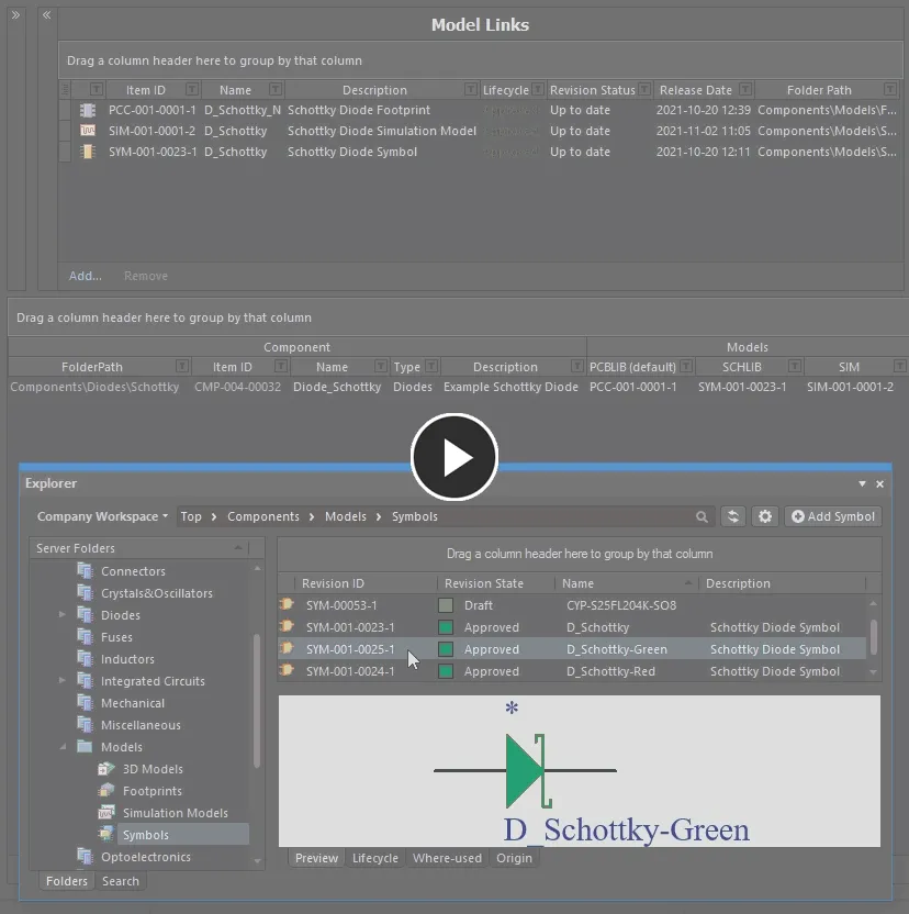 Assign a model and add a new component on-the-fly, using drag and drop from the Explorer panel. The model link will be added to the Model Links region, if it does not exist already.