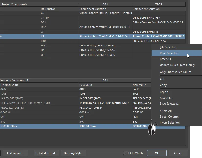 Modified parameter(s) can have their value(s) restored using the Reset Selected command. Modified parameter(s) can have their value(s) restored using the Reset Selected command.