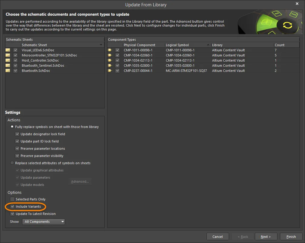 To fully update an Alternate Part, including its graphic, enable the Include Variants checkbox and enable the part to be updated. To fully update an Alternate Part, including its graphic, enable the Include Variants checkbox and enable the part to be updated.