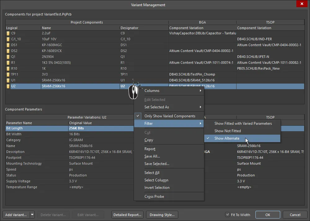 The Variant Management dialog, with columns hidden and a filter applied to only show components that use an Alternate Part. The Variant Management dialog, with columns hidden and a filter applied to only show components that use an Alternate Part.
