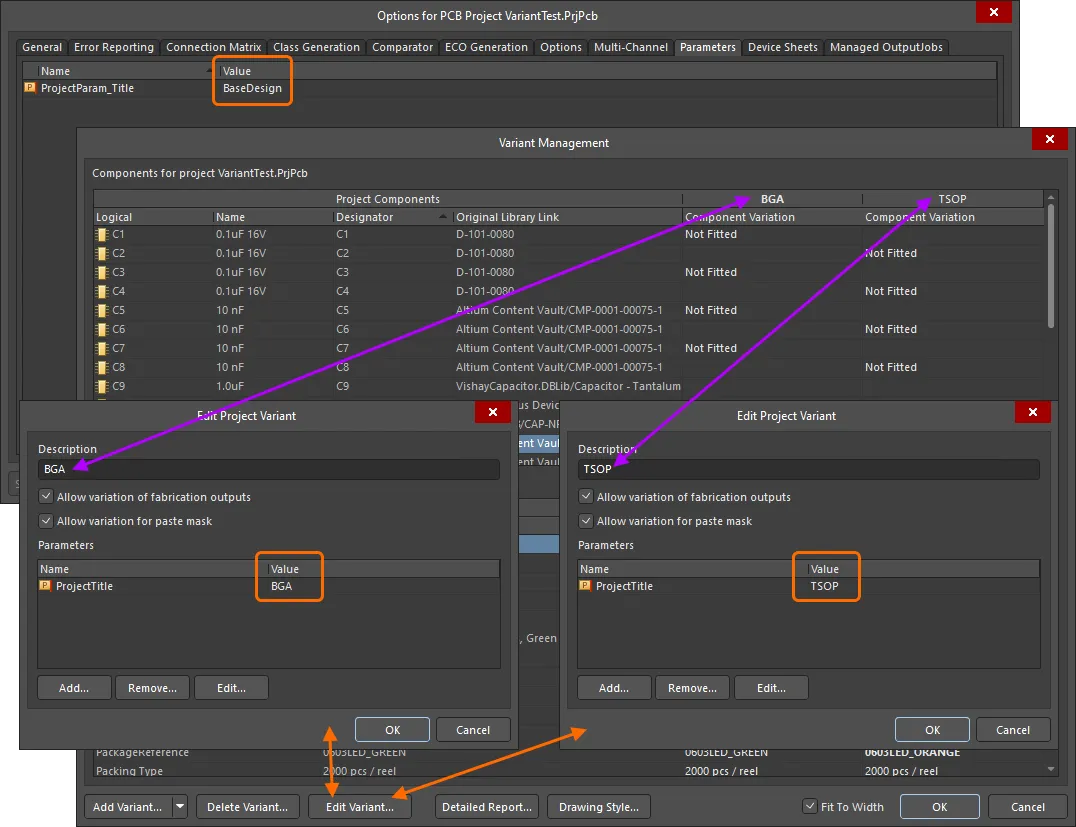 A ProjectTitle parameter added to the project (via the Project Options dialog) has also been added to each design Variant, but with a different Value in each case. A ProjectTitle parameter added to the project (via the Project Options dialog) has also been added to each design Variant, but with a different Value in each case.