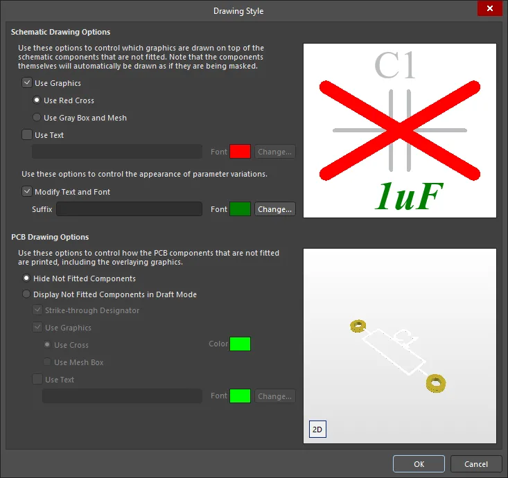 Use the Drawing Style dialog to configure how variants are presented on the schematic and in PCB printouts. Use the Drawing Style dialog to configure how variants are presented on the schematic and in PCB printouts.