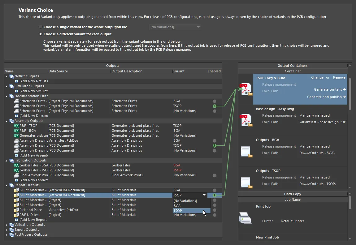 An OutputJob where the Choose a different variant option is selected and outputs for both variants have been set up for each Job in the OutputJob file. An OutputJob where the Choose a different variant option is selected and outputs for both variants have been set up for each Job in the OutputJob file.