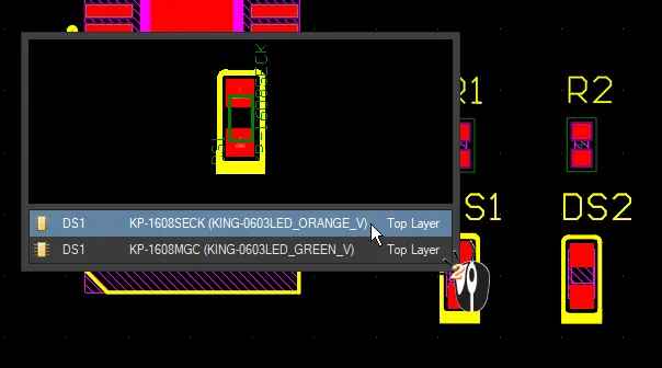 The two instances of LED DS1 use exactly the same footprint pattern (but have different 3D models in each variant) and can therefore be stacked. The two instances of LED DS1 use exactly the same footprint pattern (but have different 3D models in each variant) and can therefore be stacked.